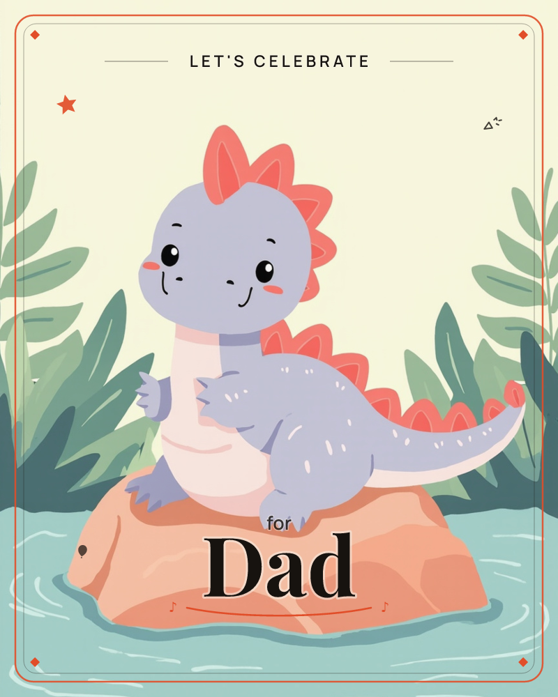 A round, smiling lavender-grey dinosaur with coral spikes down its back perches on a peach-toned rock in gentle blue water, a party e-card design