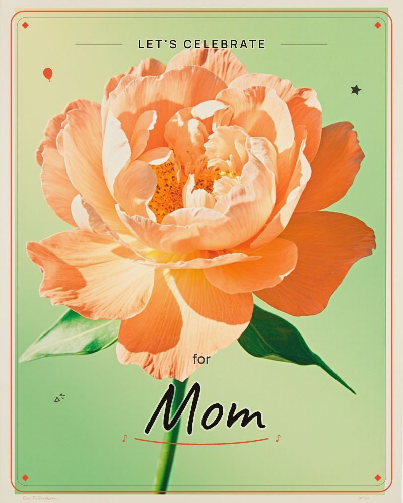 A single peony blossom fills the frame, its layered petals streaked in coral and cream around a golden speckled centre, a party e-card design