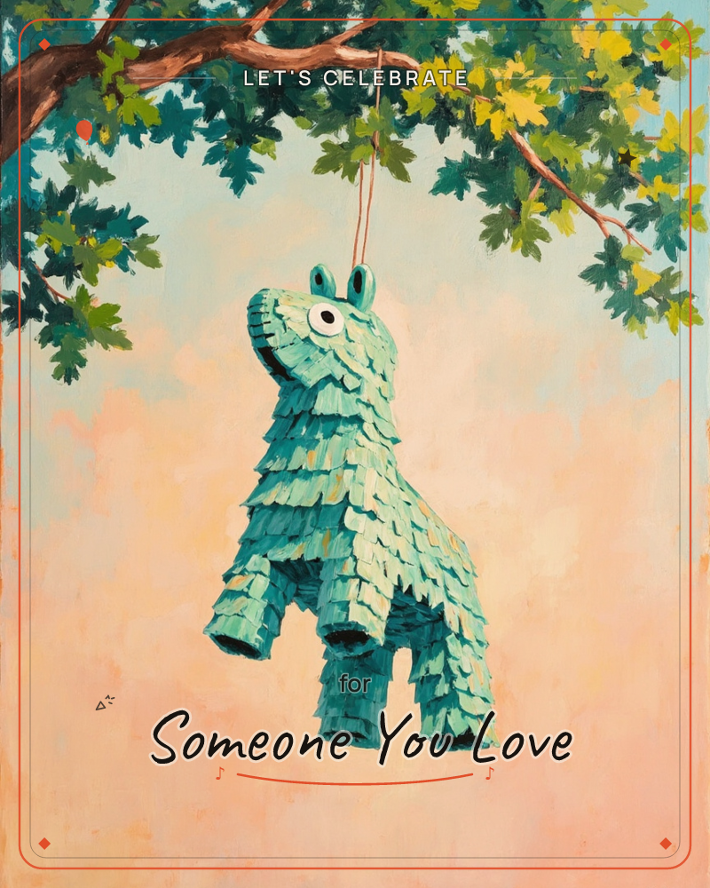 A teal, fringed donkey piñata dangles by a string from a leafy tree branch, set against a warm peach-and-blue sky, a party e-card design