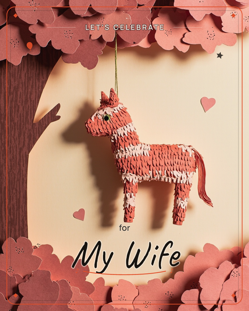 A little pinata horse, fringed in terracotta and cream paper, hangs from a green string beneath a paper tree in full pink blossom, a party e-card design