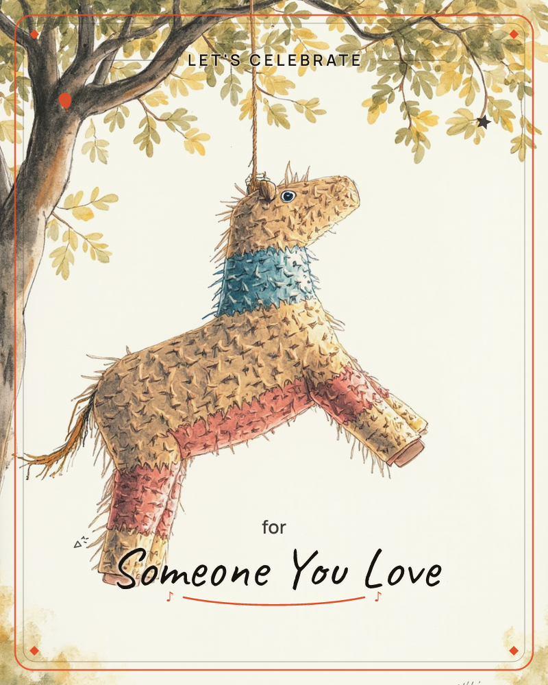 A horse-shaped piñata made of fringed tan paper with a blue and pink banded body hangs by a rope from a leafy tree branch, a party e-card design