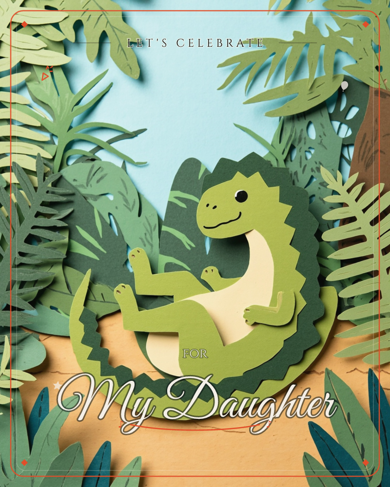 A cheerful paper-cut dinosaur lies on its back in a prehistoric jungle clearing, cradling its own tail with stubby little arms, a party e-card design
