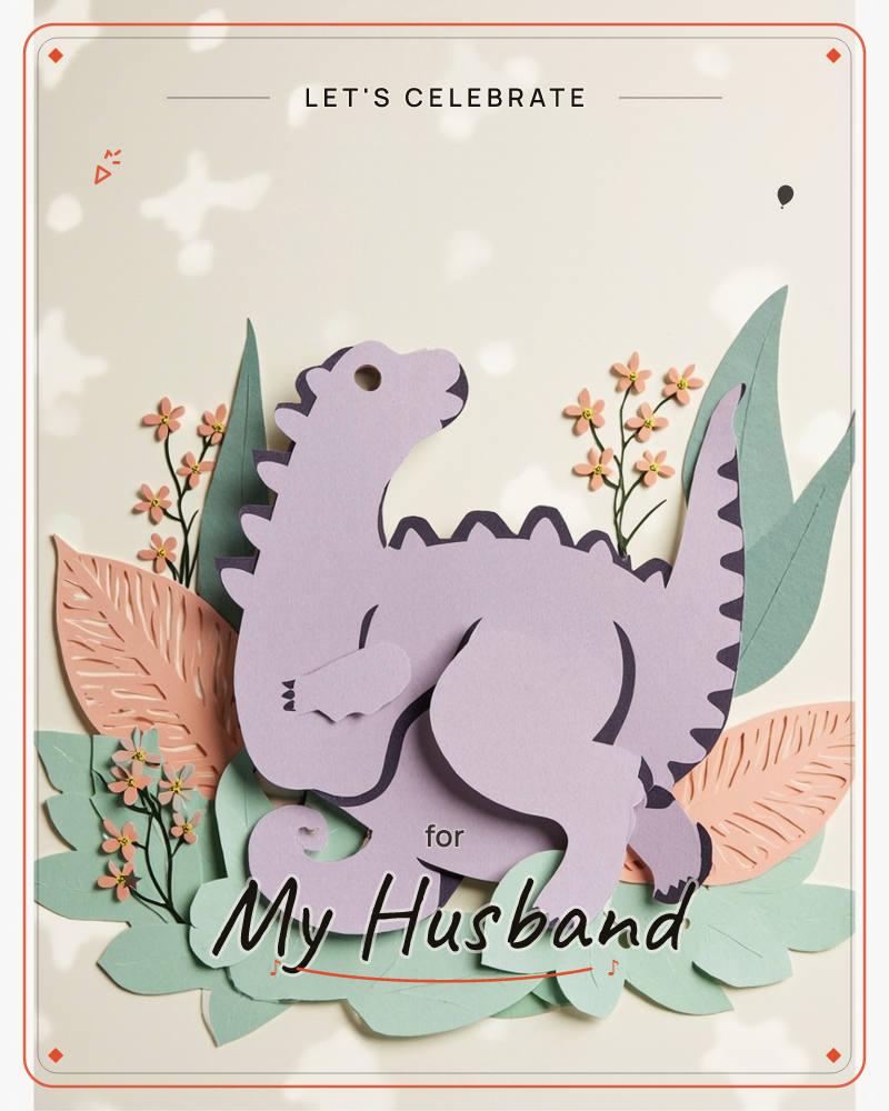 A layered paper-cut dinosaur in soft lilac stands among sculpted leaves in sage green and dusty coral, small paper flowers scattered through the foliage, a party e-card design