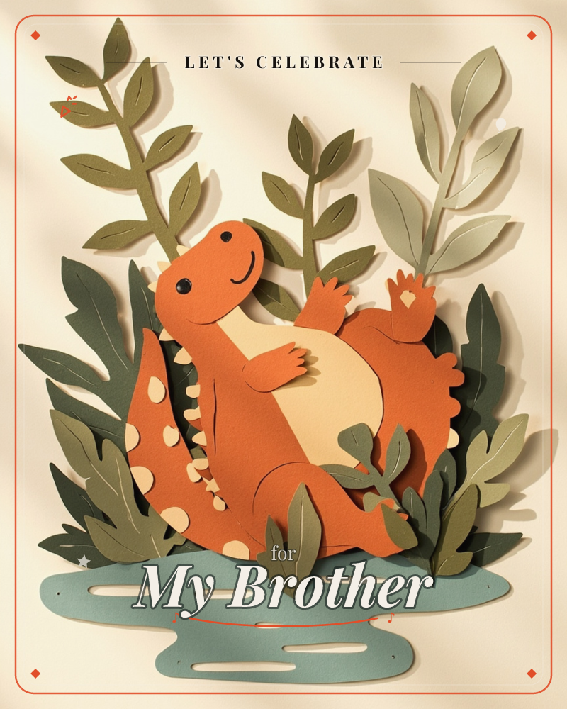 A cheerful orange dinosaur lies on its back among layered paper leaves, waving one paw in the air beside a pale blue puddle, a party e-card design