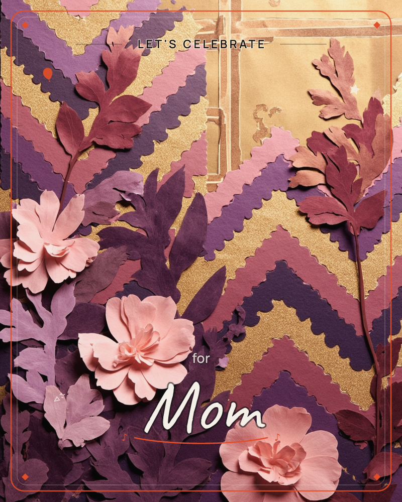 A layered paper-craft scene shows pink and mauve blossoms with scalloped-edged leaves rising against a chevron-striped backdrop of gold, plum, and…, a party e-card design