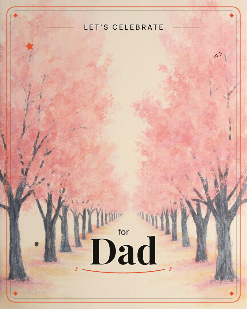 A double row of blossoming trees lines a pale path that stretches into a soft, hazy distance, a party e-card design