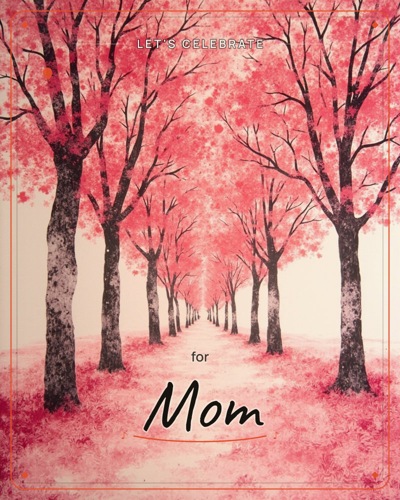 A long avenue of slender trees stretches into the distance, their branches meeting overhead in a canopy of pink-red blossom, a party e-card design