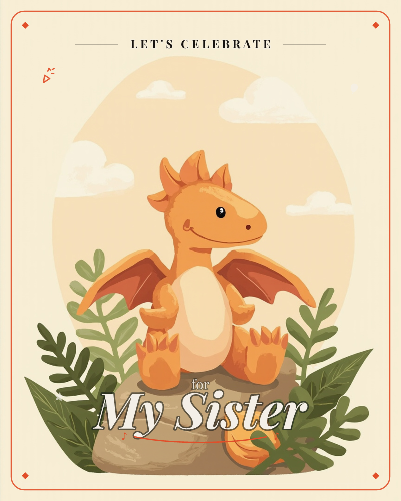 A small orange dragon with folded bat-like wings sits perched on a rock, its tail curled beside it and a shy, gentle smile on its face, a party e-card design