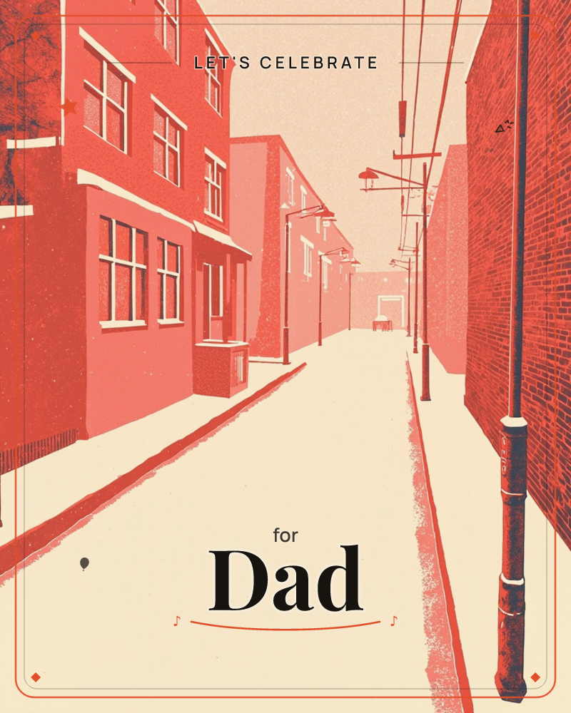 A monochrome red street scene shows a narrow snow-dusted alley lined with brick townhouses and a lamppost trailing wires overhead, a party e-card design