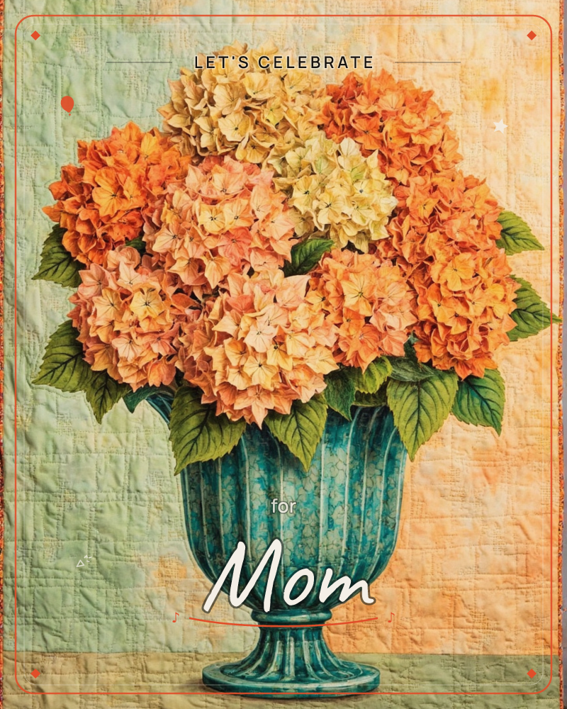 A fluted urn in weathered teal-green holds a lush, rounded bouquet of hydrangea blooms in shades of burnt orange, apricot, and cream, their petals…, a party e-card design