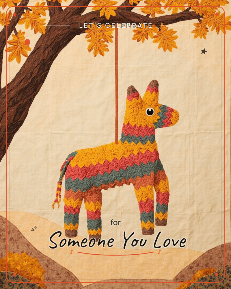 A donkey piñata layered in fringed paper stripes of gold, coral and teal hangs by a cord from the branch of a tree heavy with golden autumn leaves, a party e-card design