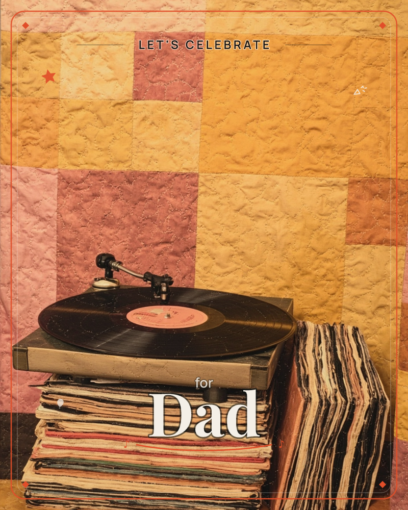 A record player rests atop a tall stack of vinyl records, its tonearm poised over a spinning disc with a pale pink label, a party e-card design