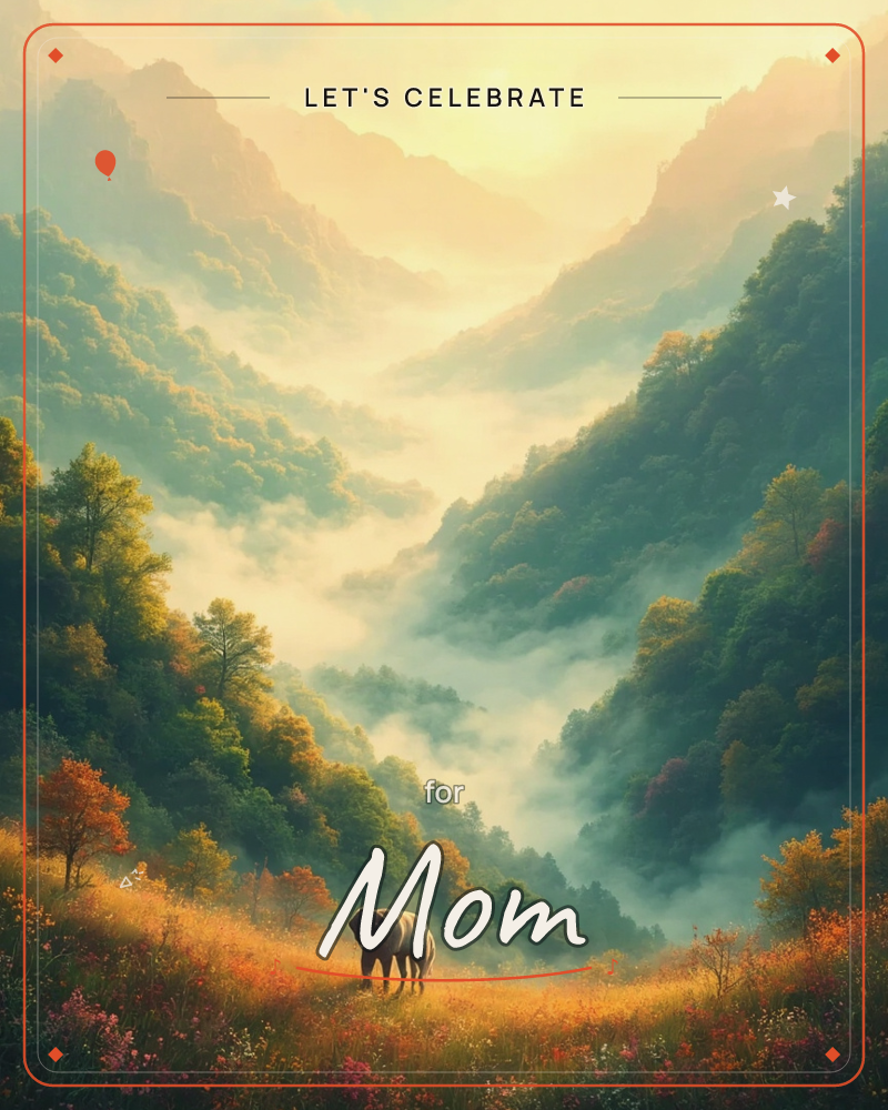 A lone bear stands in a wildflower meadow at the mouth of a mist-filled mountain valley, forested slopes rising on either side and turning gold, orange…, a party e-card design