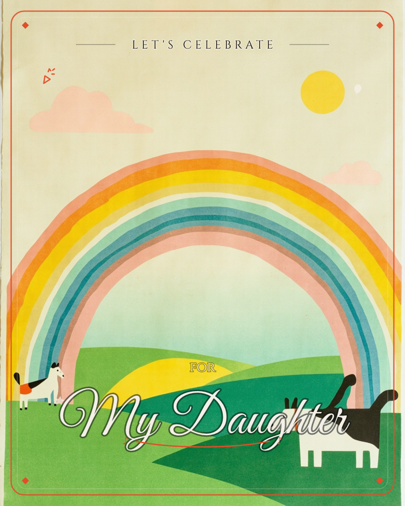 A big soft rainbow arcs over rolling green hills under a pale sunny sky, with a horse standing on the left and two dogs on the right, tails raised…, a party e-card design
