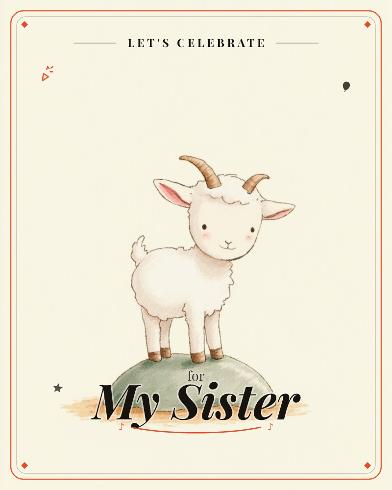 A small white goat with curled horns and rosy cheeks stands proudly atop a rounded grey-green mound, set against a warm cream background, a party e-card design