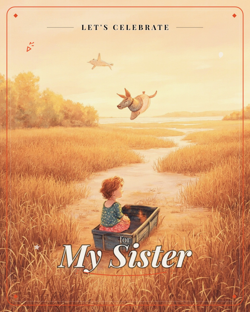 A child sits in a small wooden crate at the edge of golden marsh grasses, watching a flying pig soar overhead alongside a bird, with a wide river…, a party e-card design