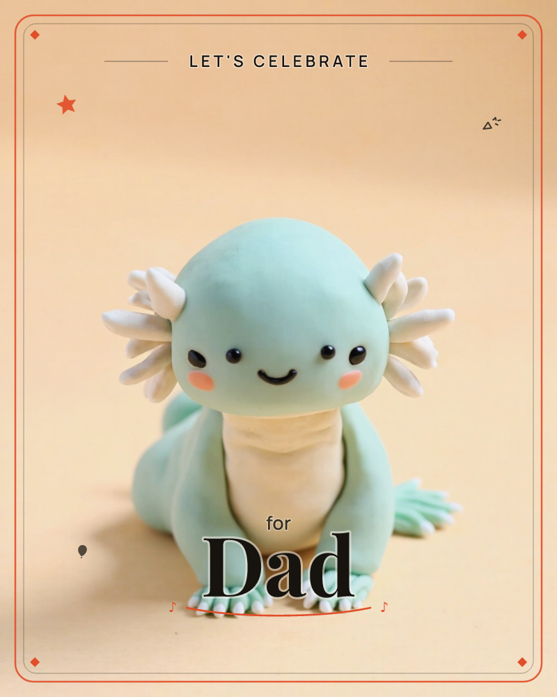 A tiny clay figure of a mint-green axolotl sits front and centre against a soft peach background, its feathery white gills fanned out like little fronds, a party e-card design