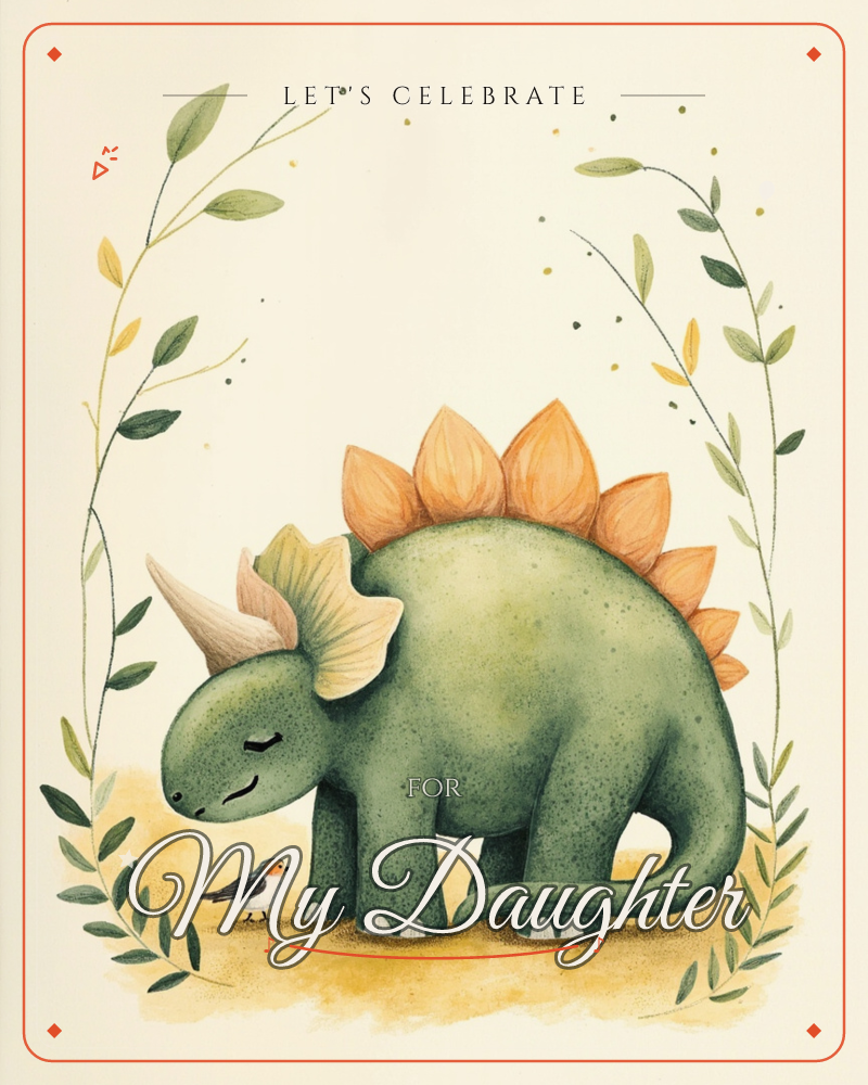 A gentle green dinosaur with orange plates and a small horn stands with eyes closed and a soft smile, greeting a tiny bird perched at its feet, a party e-card design