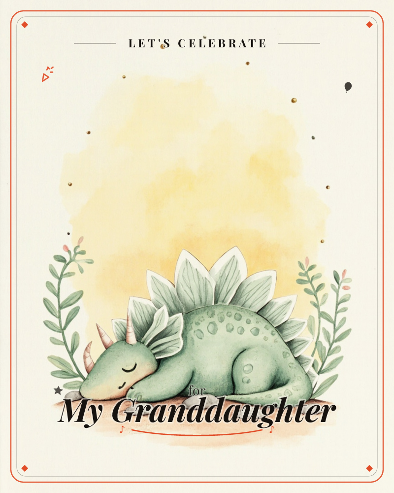 A plump green dinosaur curls up asleep on bare ground, its spiked back plates and small horns softened by a gentle watercolour wash of golden yellow…, a party e-card design