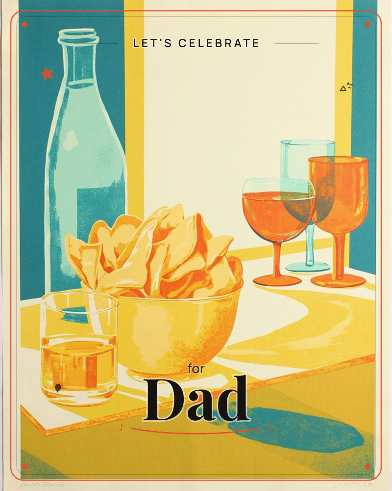 A screenprint-style still life shows a bowl of crisps flanked by wine glasses and a tumbler on a sunlit yellow tabletop, with a teal glass bottle…, a party e-card design