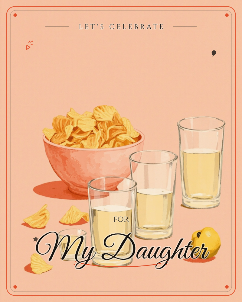 A pink bowl heaped with ridged potato chips sits against a soft coral background, flanked by a lineup of glasses in ascending sizes, each filled with a…, a party e-card design