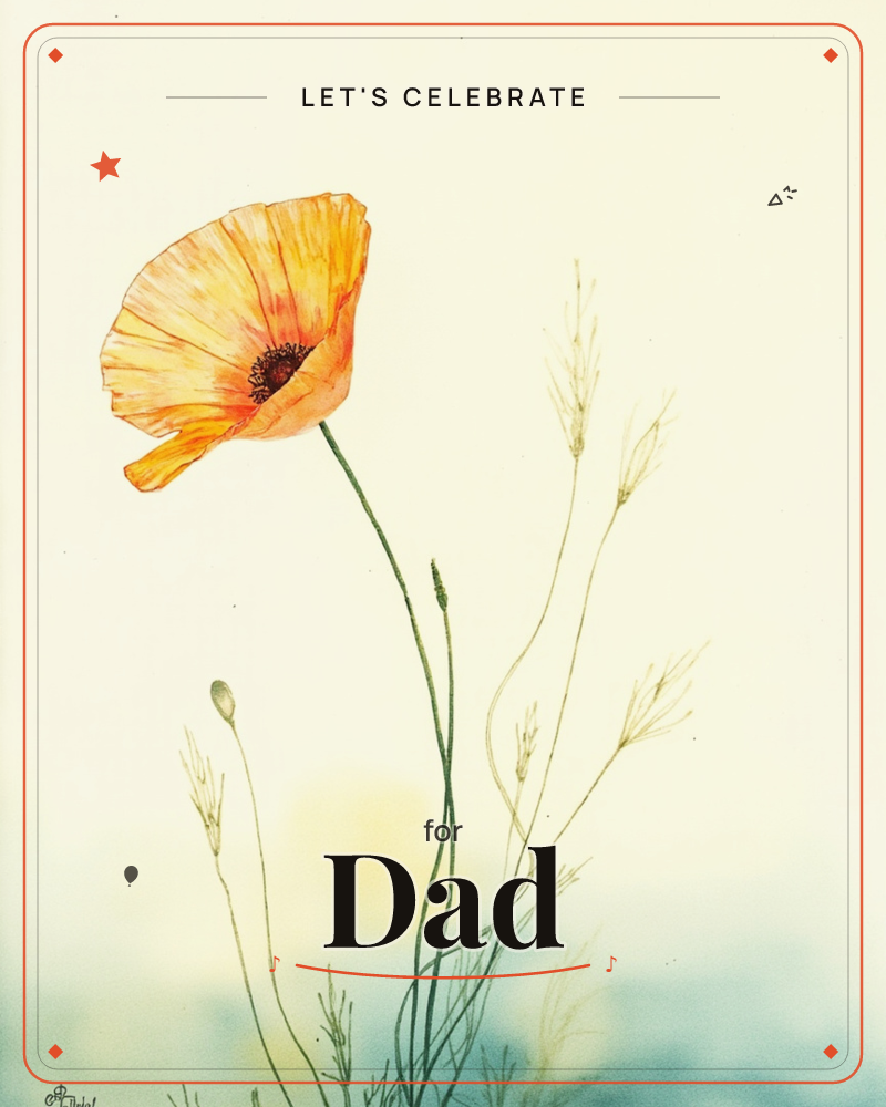 A single orange poppy leans on a slender green stem against a pale cream background, its petals glowing translucent with soft red veining around a dark…, a party e-card design