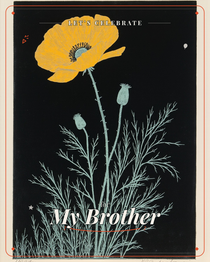 A single golden-orange poppy blooms against a solid black background, its papery petals rendered in fine linear detail, while pale blue-green stems…, a party e-card design
