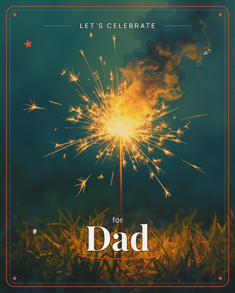A single sparkler burns bright against a deep teal night sky, its golden burst throwing sparks in every direction while a curl of smoke drifts upward, a party e-card design