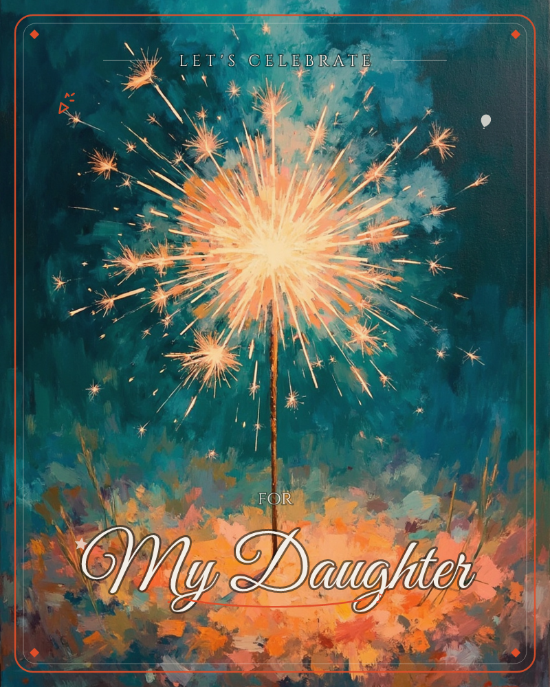 A single sparkler burns bright against a deep teal night sky, its golden burst scattering fine sparks in every direction, a party e-card design