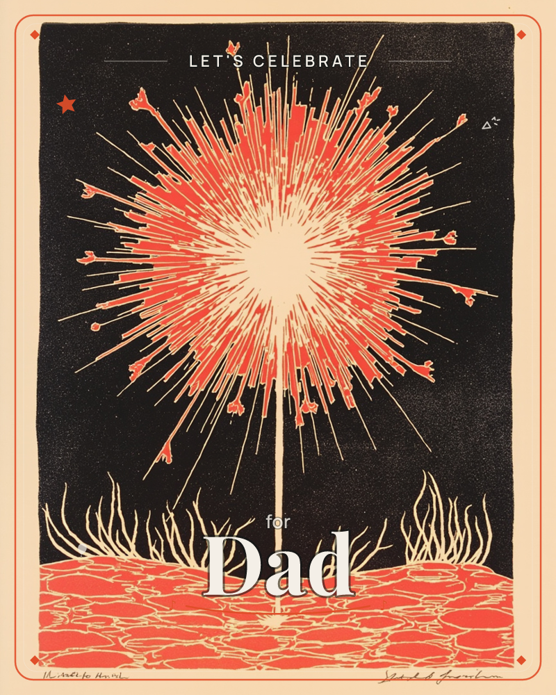 A single firework bursts against a deep black sky, its red and cream rays radiating outward like a giant starburst above a cracked, coral-red ground…, a party e-card design