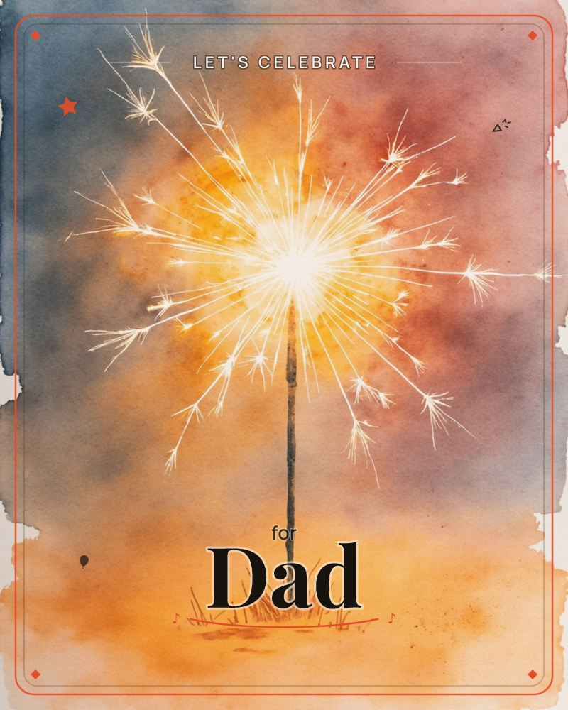 A single sparkler burns bright against a smoky wash of dusk-colored sky, its white-gold burst throwing sparks in every direction, a party e-card design