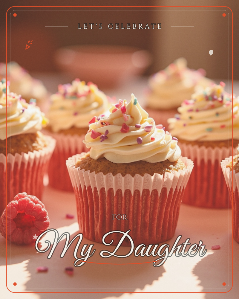A cluster of cupcakes in pink paper cases sits on a pale pink surface, each topped with a swirl of buttercream and scattered rainbow sprinkles, a party e-card design