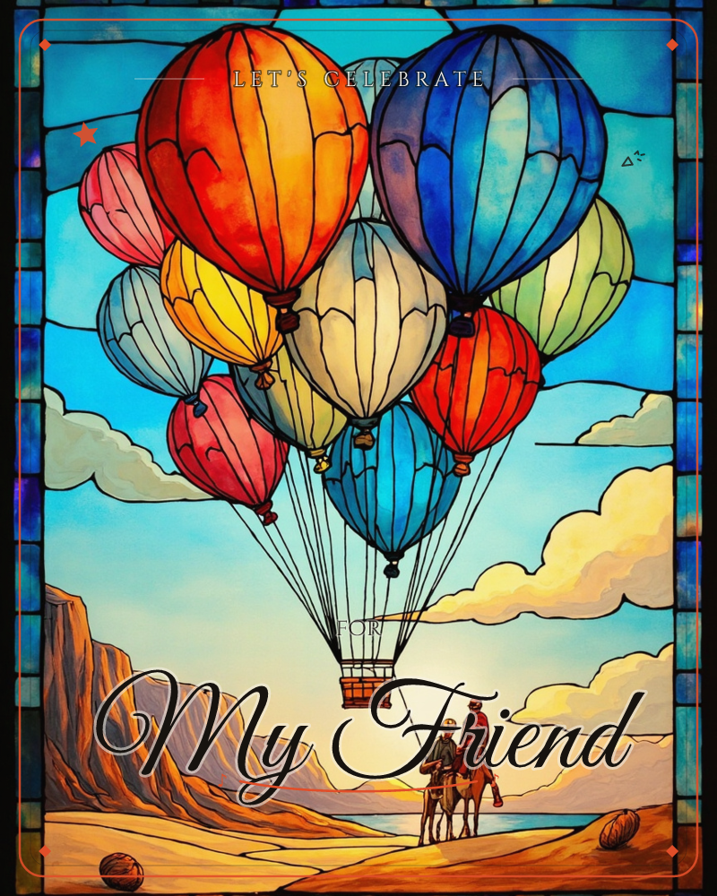 A stained-glass style illustration shows a cluster of hot air balloons in orange, blue, yellow and red rising above a desert canyon at sunset, their…, a party e-card design