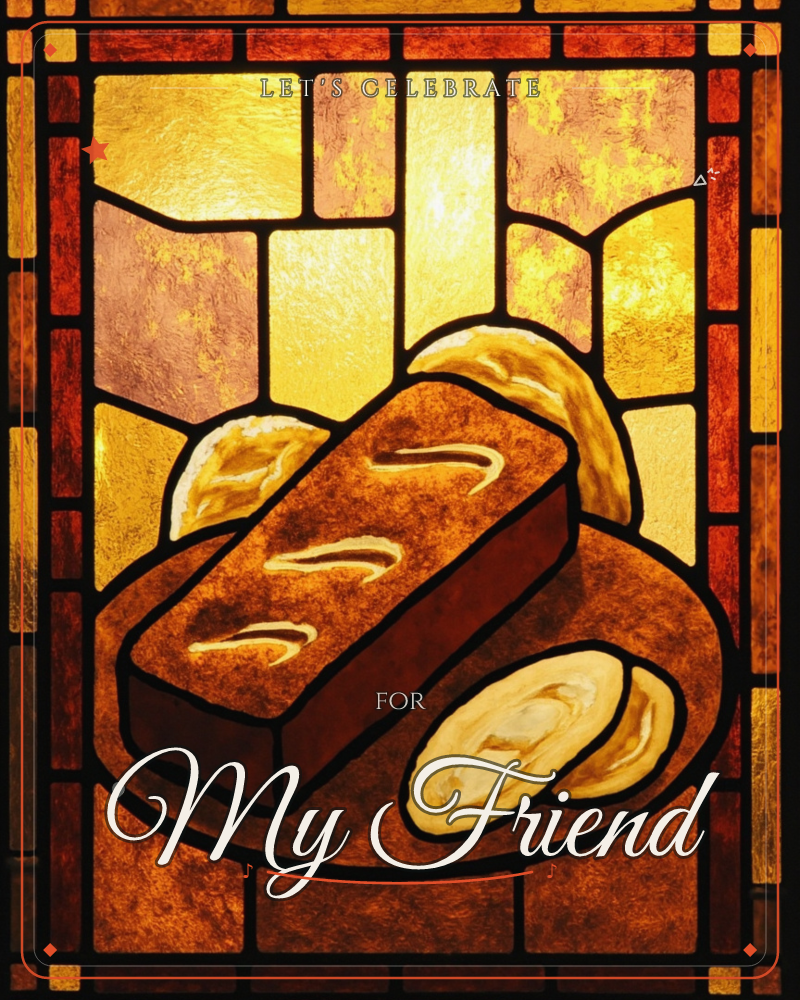 A stained-glass style panel glows with amber and gold light, framing a loaf of bread scored with three slashes and set on a plate alongside round bread…, a party e-card design