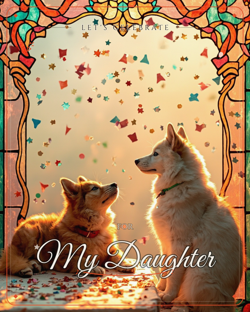 Two dogs, one golden and reclining, one cream-coated and sitting upright, gaze together at a shower of star-shaped confetti drifting between them, a party e-card design