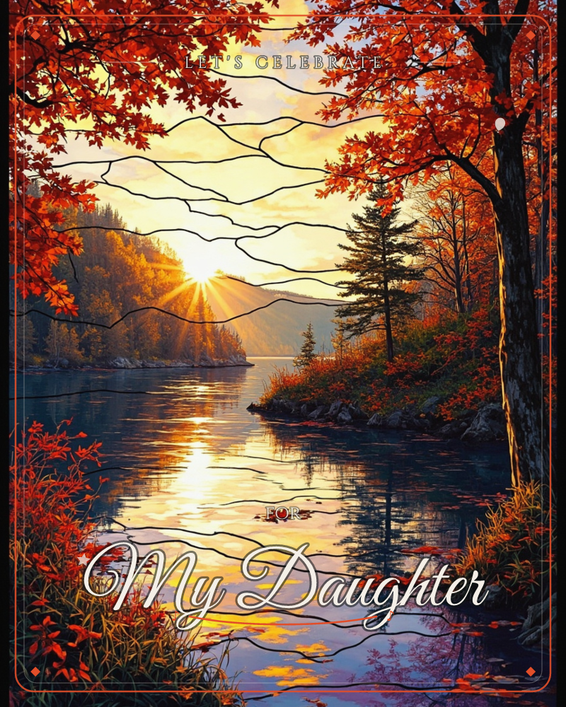 A quiet river bends between banks thick with autumn maples, their red and orange leaves framing a low sun that breaks through distant hills, a party e-card design