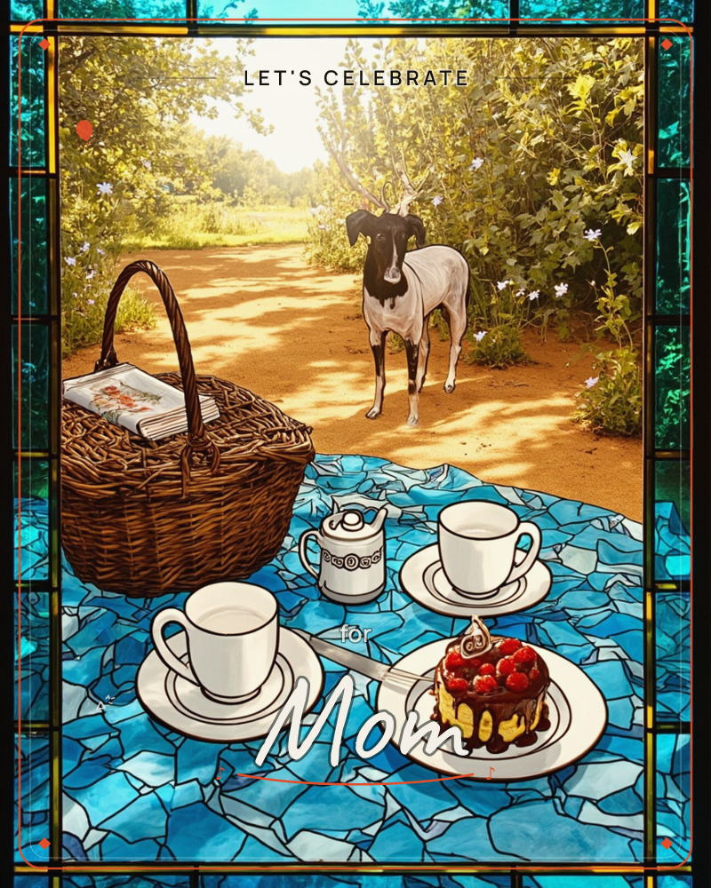 A stained-glass style frame looks onto a sunlit picnic table set with a blue mosaic cloth, two teacups, a small creamer, and a berry-topped cake, while…, a party e-card design