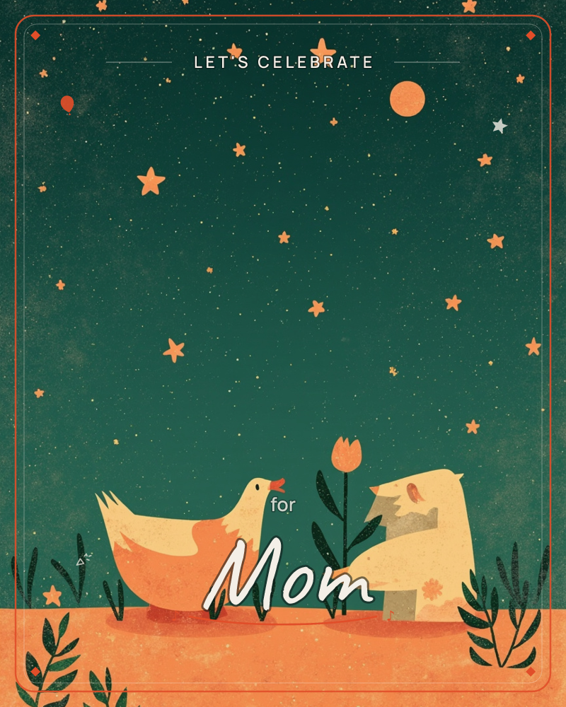 A goose and a small bear-like animal face each other across a single tulip on a bare orange hillside, under a deep teal night sky scattered with orange…, a party e-card design