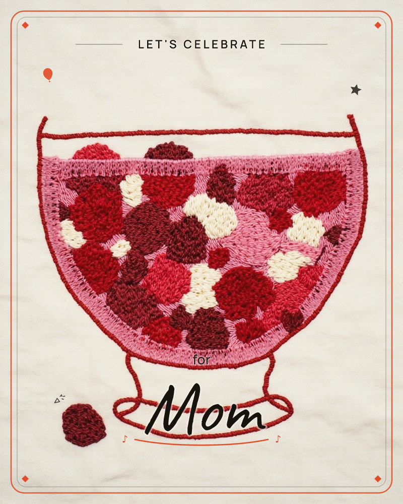 An embroidered footed bowl sits stitched onto plain cream fabric, filled with a cluster of berries in deep red, crimson, and cream thread, with pink…, a party e-card design