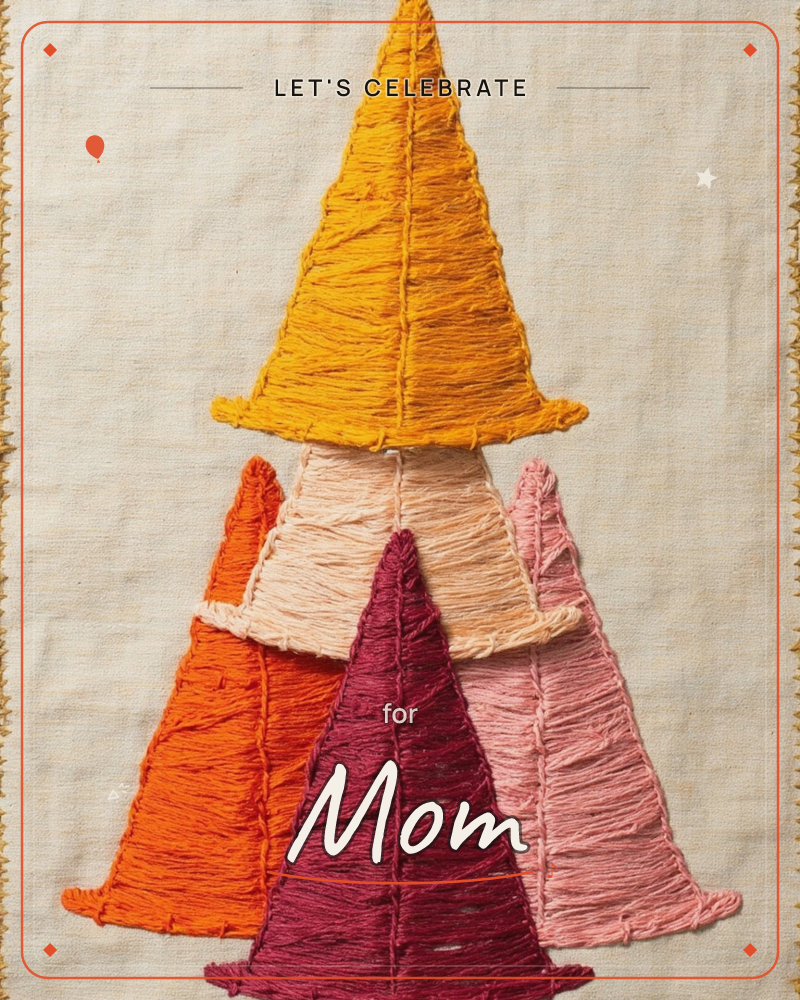 A cluster of triangular tree shapes is stitched in thick, ridged thread onto raw linen, layered like a stylised forest with one tall marigold peak…, a party e-card design