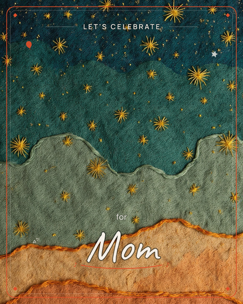 A layered night landscape built up like felted fabric, with scalloped ridges of teal, sage and dusty rose stacked one behind another under a starry sky, a party e-card design