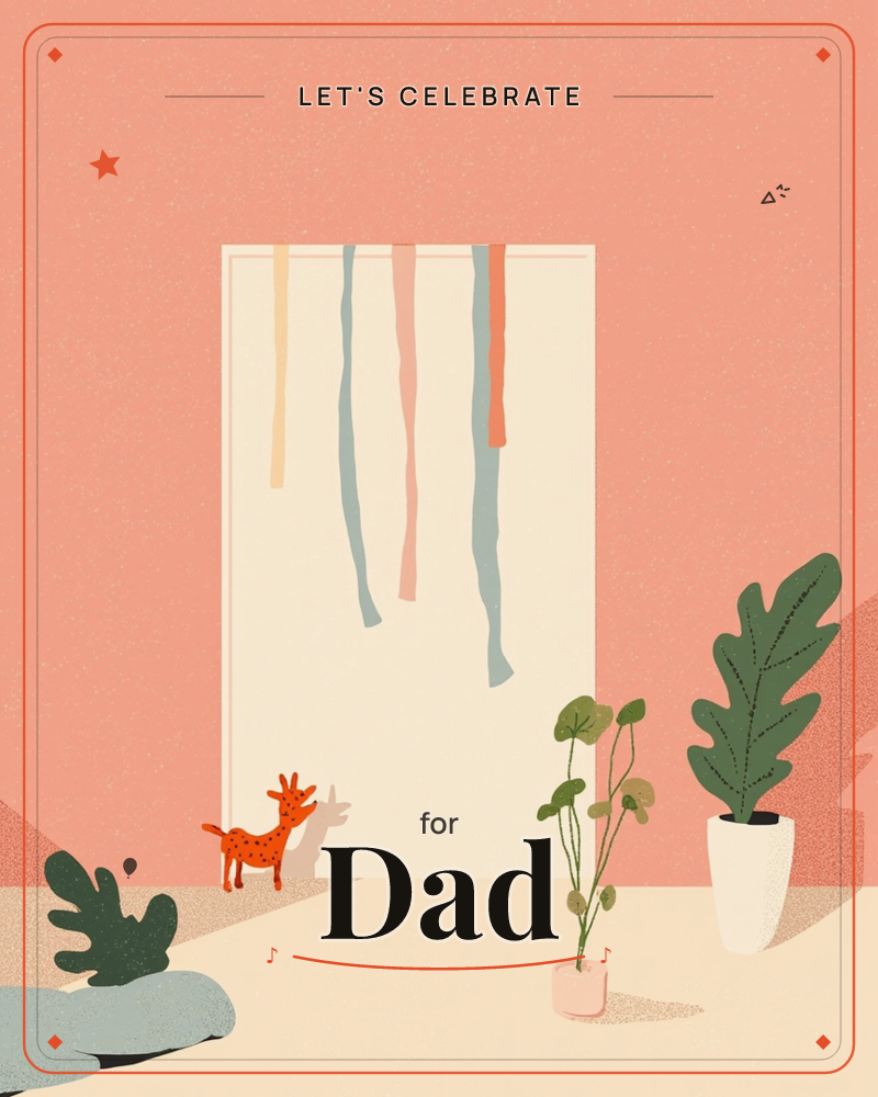 A pale doorway is hung with loose ribbon streamers in cream, dusty blue and coral, drifting against a warm coral-pink wall, a party e-card design