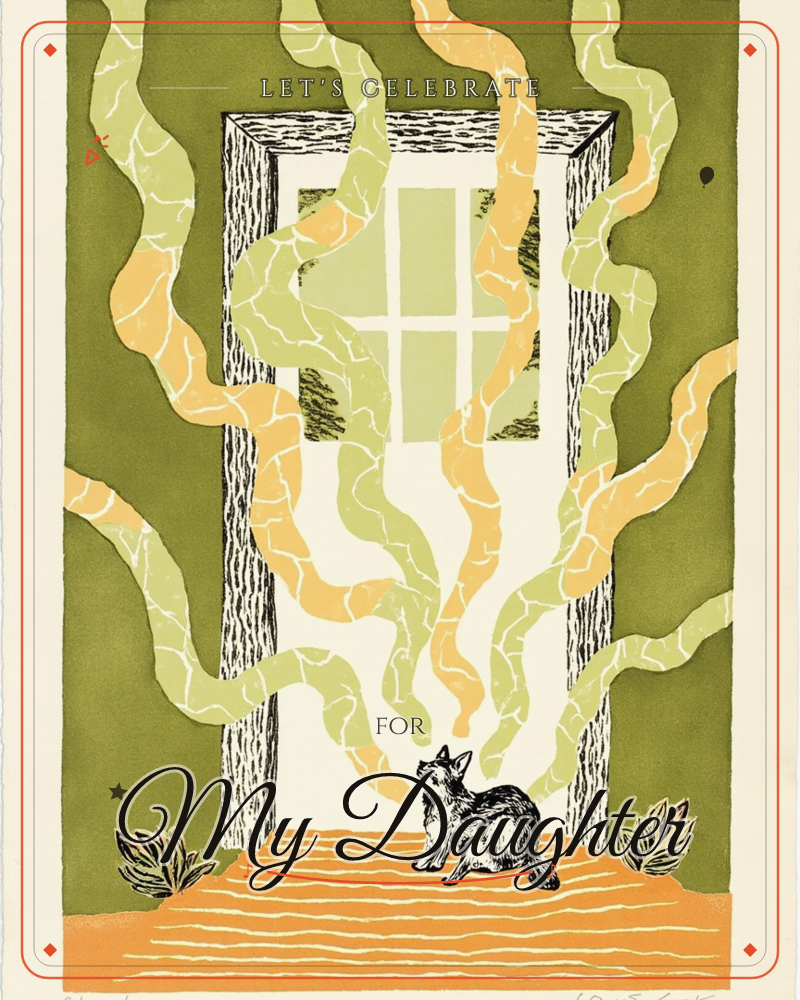 A linocut-style print shows a cat curled on an orange doorstep, framed by a wood-textured doorway and window, a party e-card design