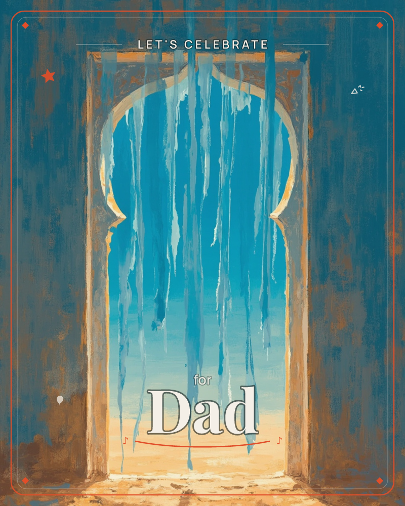 A tall keyhole-shaped archway is set into a weathered blue and ochre wall, with streaks of turquoise paint dripping down from the top of the doorway…, a party e-card design
