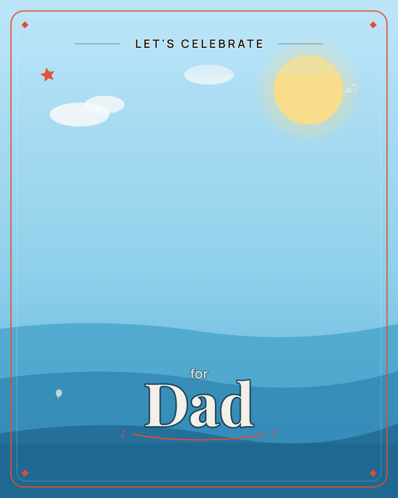 A simple, sunny sky stretches over softly rolling hills rendered in bands of deepening blue, a party e-card design by @DittyCityTeam