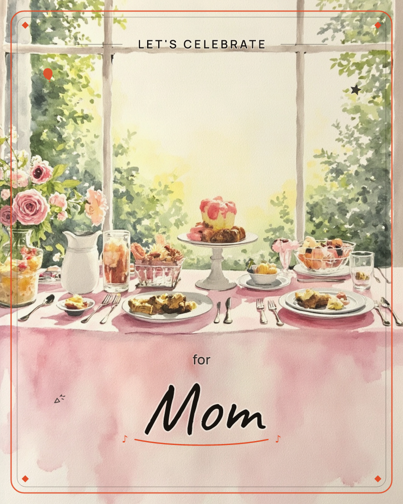 A pink-clothed table is set for brunch in front of a large window with sunlit greenery beyond, holding a fruit-topped cake on a white stand, iced tea…, a party e-card design