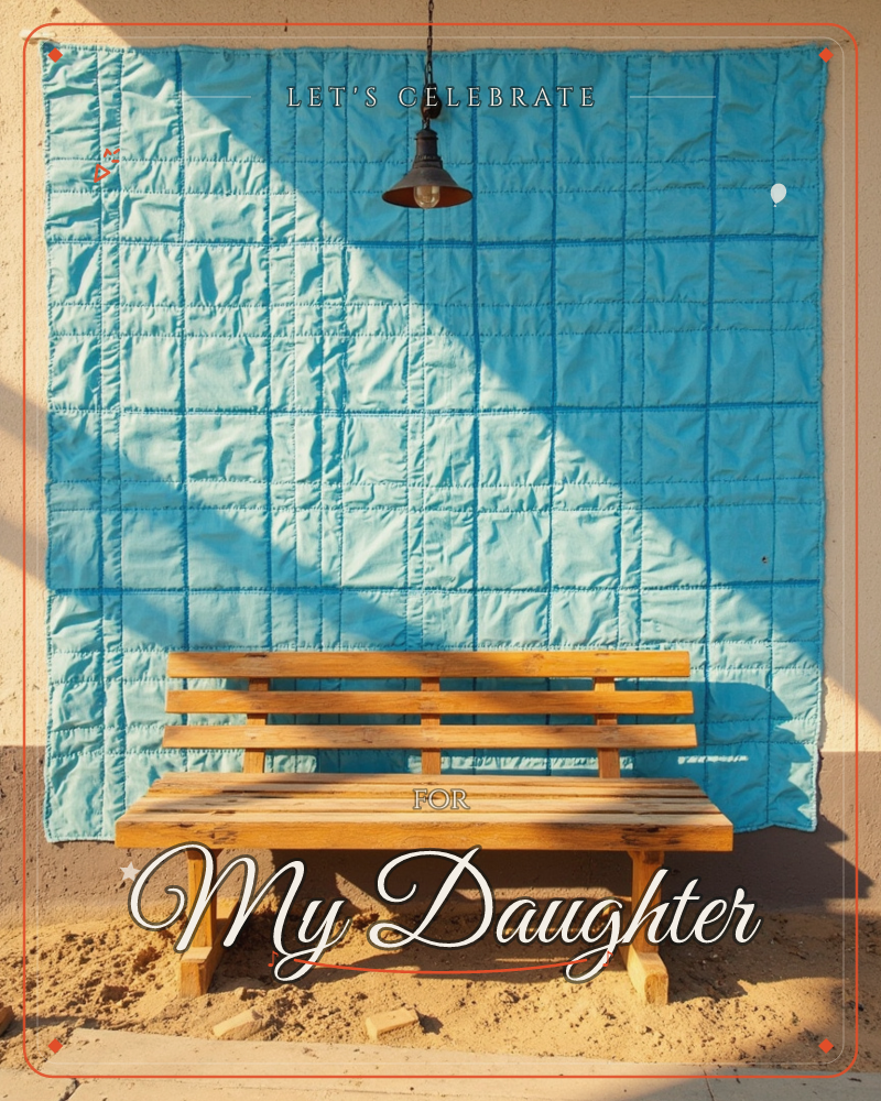 A wooden bench sits against a wall hung with a quilted turquoise blanket, its grid-stitched panels catching a diagonal wedge of afternoon sun, a party e-card design