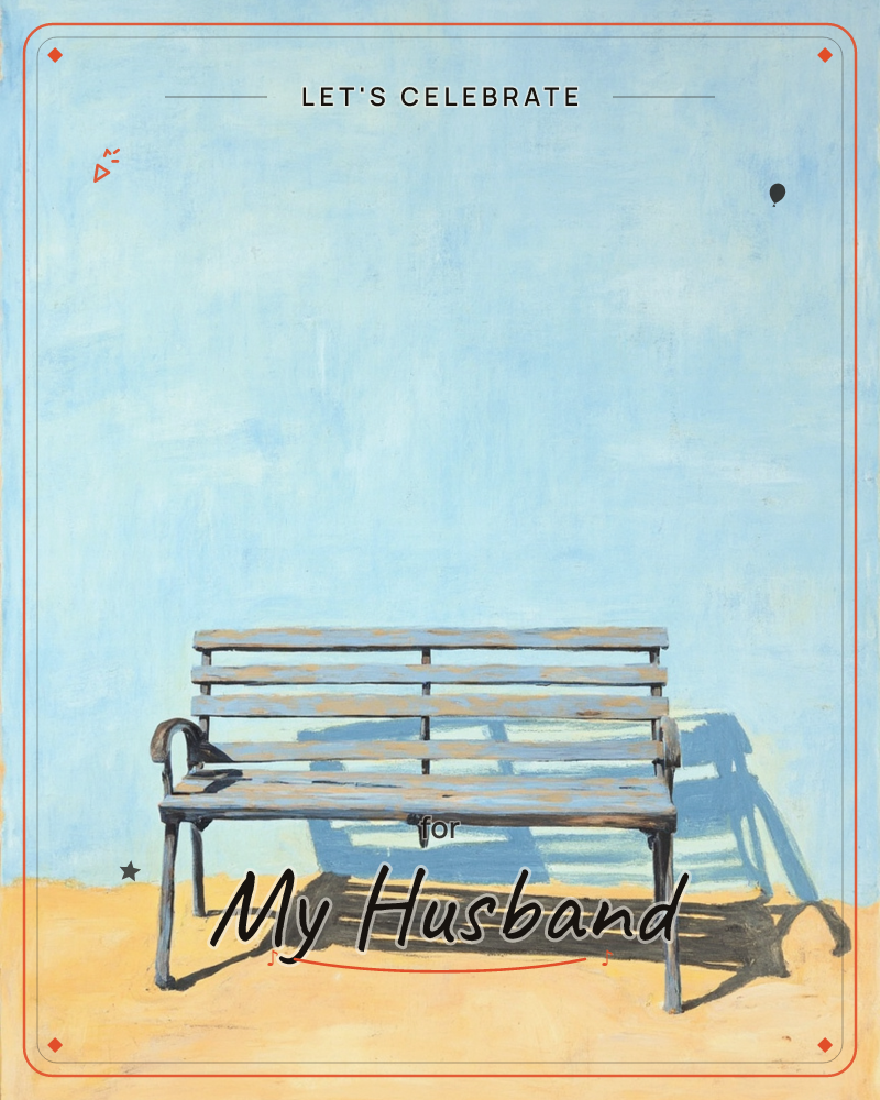 A wooden slatted bench with curled metal armrests sits alone against a pale blue wall, its long shadow stretching across sandy ground in bright, flat…, a party e-card design