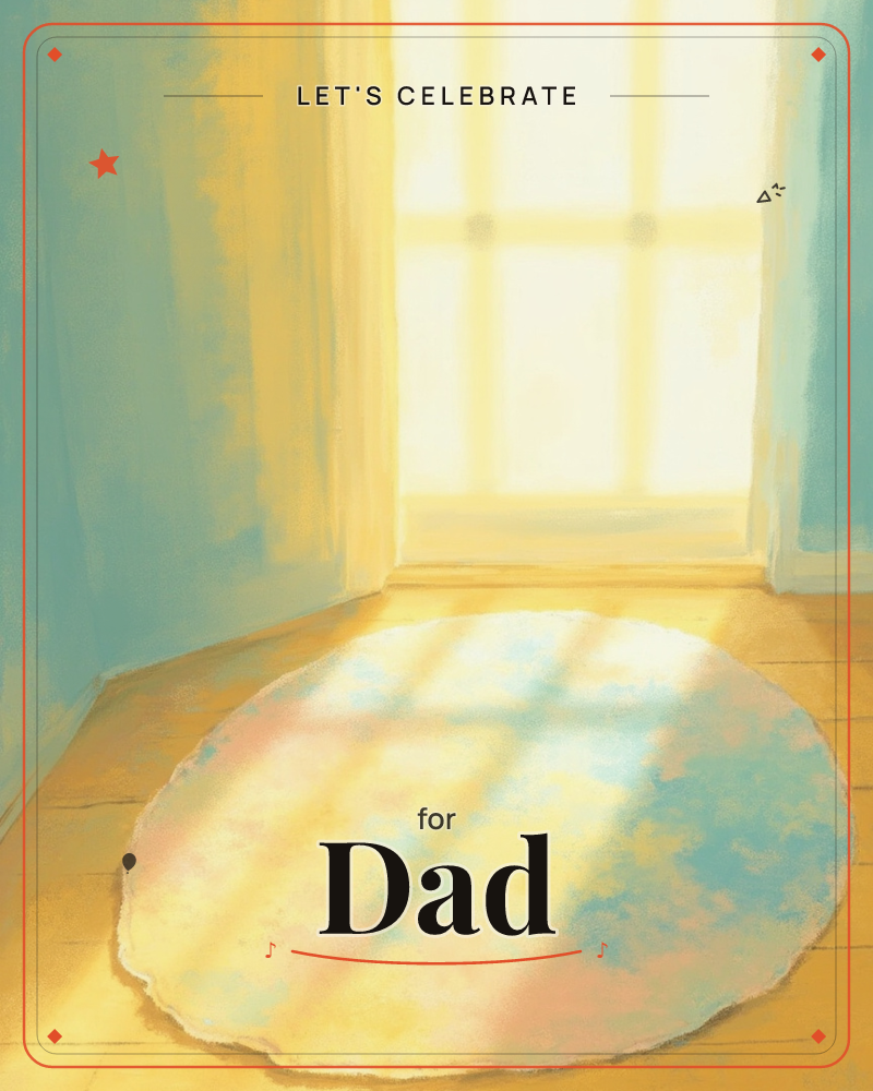 A quiet room glows with warm sunlight pouring through a paned window, its shadows falling in soft stripes across a round rug on the wooden floor, a party e-card design