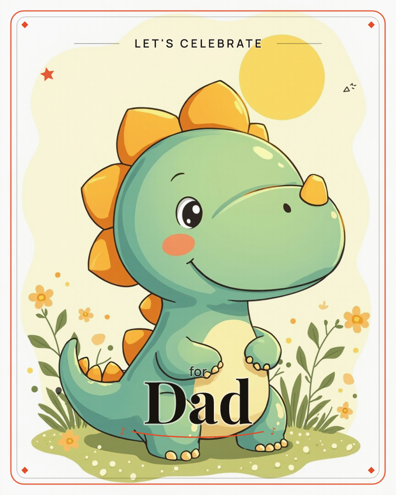 A round-bellied green stegosaurus with orange spikes stands smiling in a sunny meadow, its rosy cheeks catching the light of a pale yellow sun overhead, a party e-card design
